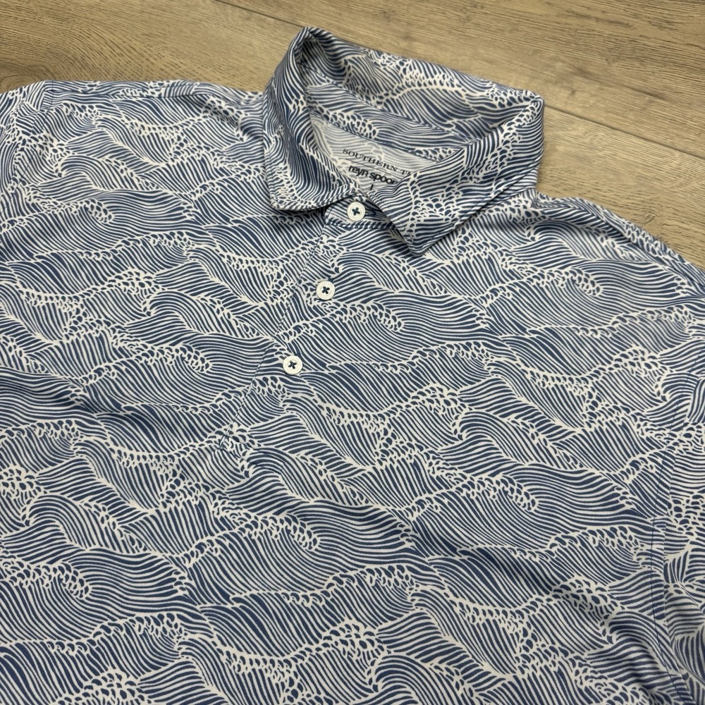 Southern Tide Reyn Spooner Polo Shirt Blue Waves Men's Sz L RB LOGO